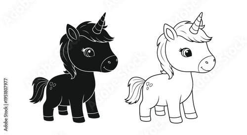 Two adorable cartoon unicorns one black and one white are presented