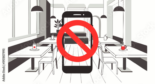 No mobile phones allowed in this cafe or restaurant. Digital detox and unplugging from technology concept. Smartphone with red prohibition sign.