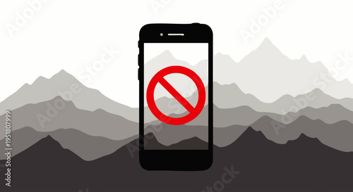 Digital detox lifestyle: Smartphone with a forbidden sign against a serene mountain landscape, symbolizing unplugging from technology and finding peace in nature.