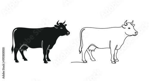 Two cows depicted in contrasting black and white line art styles