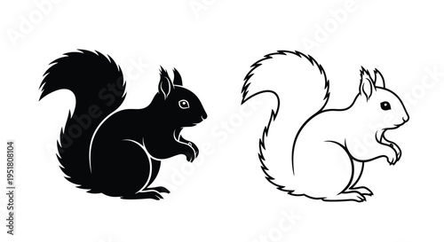 Two squirrel silhouettes one black and one white facing right