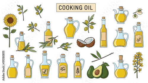 Extensive collection of cooking oils, including sunflower, olive, coconut, avocado, and rapeseed, presented in various bottles and jugs with their natural ingredients.