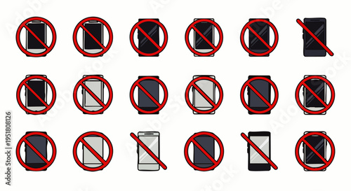 Diverse collection of 'no phone' signs and symbols, illustrating smartphone prohibition and mobile device restrictions in public and private settings.