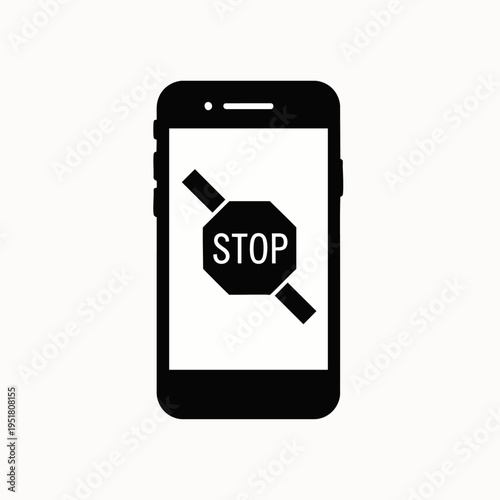 Black smartphone icon with a 'STOP' sign, symbolizing digital detox, no mobile phone zones, restricted usage, and a ban on cell phones for focus and safety.
