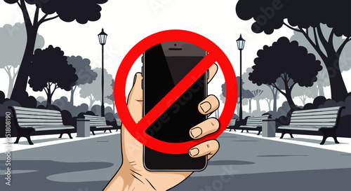 Digital detox concept: Hand holding a smartphone with a red prohibition sign over it in a park setting, encouraging unplugging and enjoying nature.