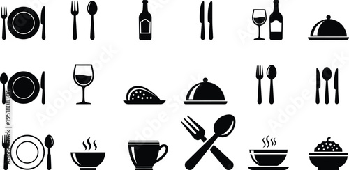 Food icons set with plate fork knife spoon menu cutlery tableware catering restaurant signs