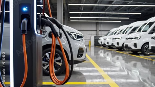 Electric vans charging in modern warehouse facility using advanced technology for sustainable fleet management and energy infrastructure development