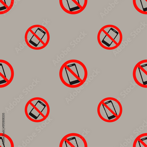 Seamless pattern of 'no mobile phone' prohibited signs on a neutral grey background, representing digital detox, technology restrictions, and communication rules.