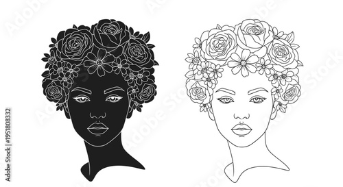 Two line art portraits of women adorned with floral crowns and delicate features