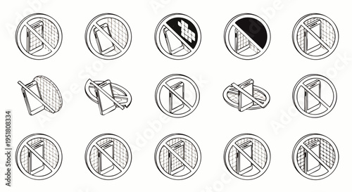 Collection of 'no mobile phone' signs and icons, prohibiting smartphone use in various public and private spaces, vector illustration.