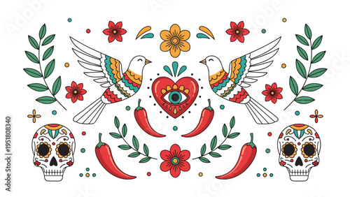 Colorful Mexican folk art composition features two decorated birds, a heart with an eye, sugar skulls, chili peppers, and floral motifs.