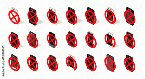 Isometric no phone sign set. Prohibited smartphone icons collection, indicating no calls, no photography, or restricted mobile device use.