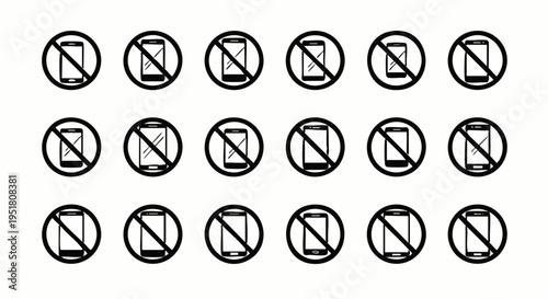Grid of 'no mobile phone' icons, illustrating prohibited cell phone use, digital detox, and zones for silence and concentration.