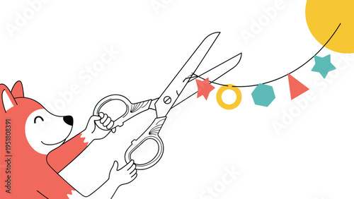 Playful illustration shows a red fox character using a pair of large scissors to cut a string of colorful geometric shapes like stars and circles.