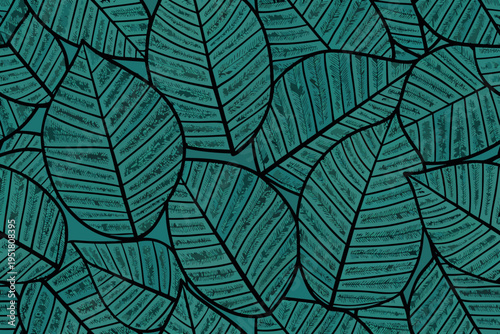Seamless pattern of stylized teal leaves with intricate linear details