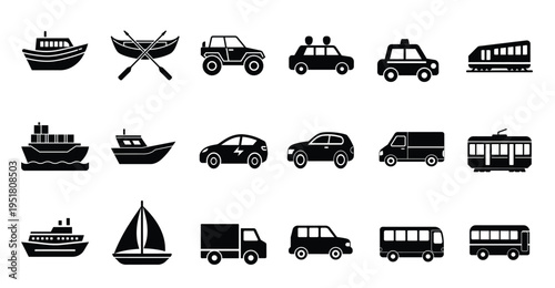 Transport and vehicle silhouette icon featuring ship boat car truck bus and train for global logistics travel more vector illustration.