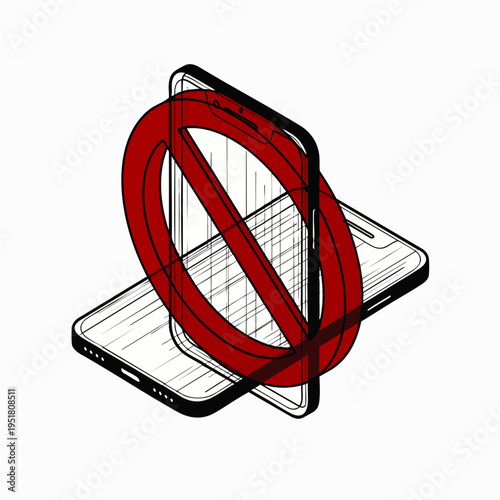 Prohibition of mobile phones, digital detox, or screen time limits illustrated by two smartphones with a red 'no' sign, promoting device-free zones.