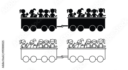 Two sets of children riding in train cars depicted in a simple style