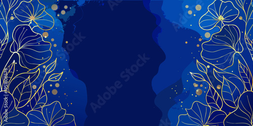 Elegant abstract background with golden floral elements and a dark blue hue