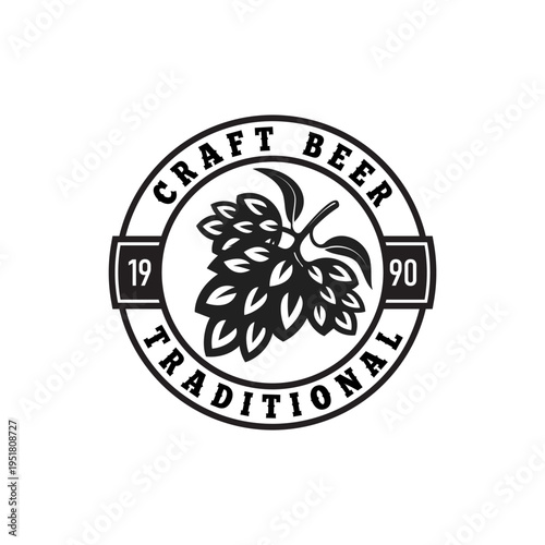 Craft beer logo design with hops and cross round emblem Style logo vector illustration.