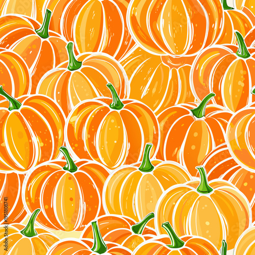 A vibrant repeating pattern of plump orange pumpkins with green stems