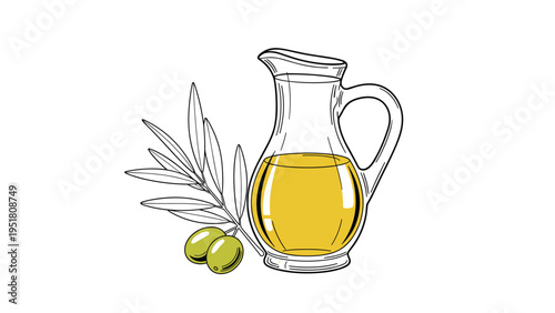 Elegant illustration of a glass pitcher filled with golden olive oil, accompanied by a fresh olive branch with green olives, on white.