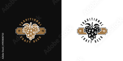 Craft beer logo design with hops and cross emblem Style logo vector illustration.