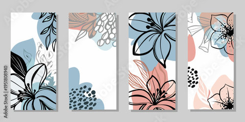 Abstract floral designs in vertical panels with soft color palettes