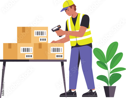 "Worker in safety vest scanning barcodes on cardboard boxes with handheld scanner, symbolizing inventory management, logistics, shipping, and supply chain"