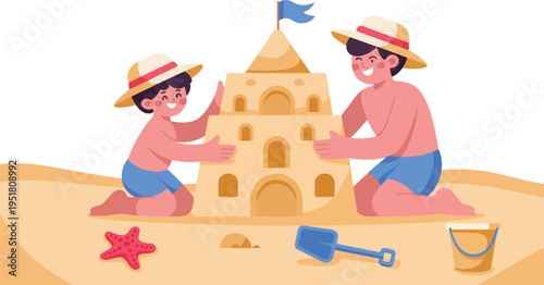 "Two children in straw hats building a detailed sandcastle with toys and flag on sunny beach, symbolizing summer fun, creativity, teamwork, and play"