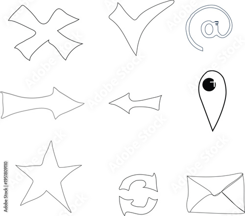Hand-drawn style black and white vector icon set featuring checkmark, cross, arrows, star, location pin, refresh, at symbol, and envelope for web design and UI