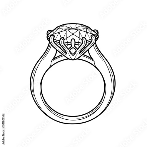 Detailed large diamond engagement ring outline illustration for coloring