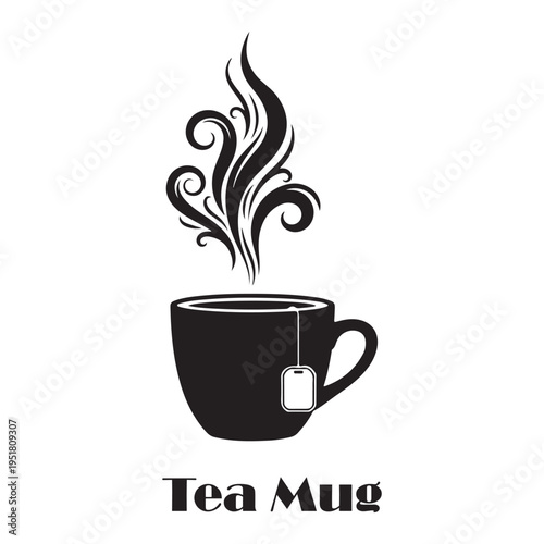 Black silhouette illustration of a steaming tea mug with a teabag and decorative swirl steam