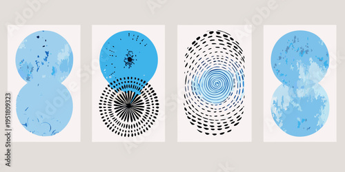 Four abstract vertical panels featuring circular swirling blue and black designs