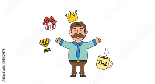 Funny dad character with crown gift and coffee fathers day illustration