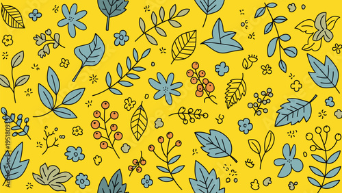 Seamless autumn pattern with hand-drawn leaves and berries in shades of blue and orange over a bright yellow background.