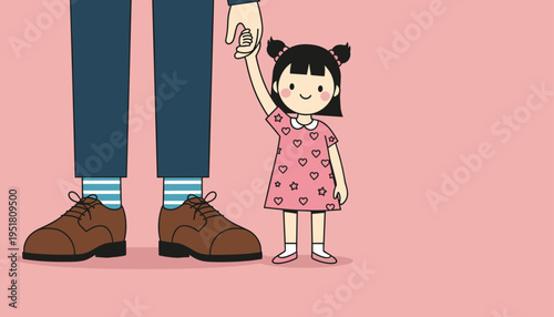 Cute little girl holding father hand simple family illustration