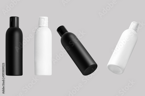 Blank black and white matte cosmetic bottle with flip top cap mockup template for branding, 3d rendering.