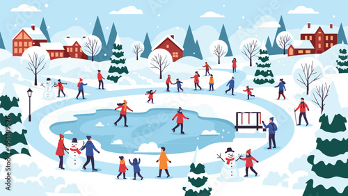 Vibrant winter park scene showing people of all ages ice skating on a frozen pond and building snowmen in a snow covered village.