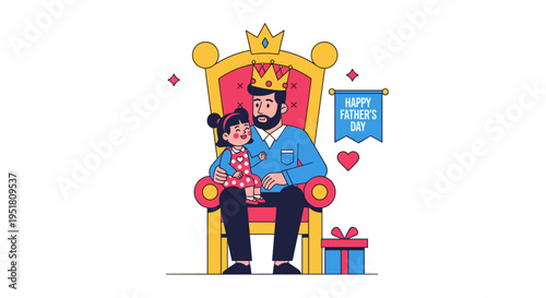 Father as king sitting on throne with daughter happy fathers day illustration