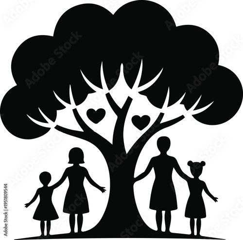 Family Tree Silhouette with Hearts Parents and Children Standing Together Stock Illustration