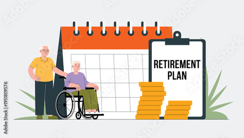 "Elderly couple with retirement plan clipboard, calendar, wheelchair, and gold coins symbolizing financial savings, planning, security, and future care"