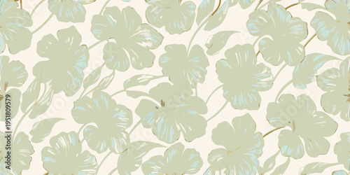 Obraz na plátně Delicate floral pattern with stylized leaves in muted green and gold tones
