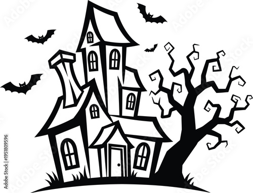 A spooky haunted house with bats and a tree on a white background