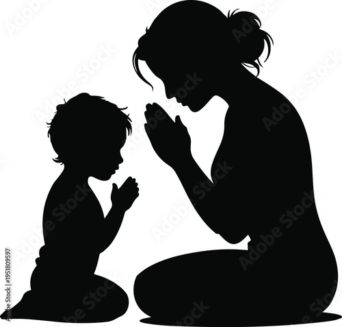 Mother and Child Silhouette Praying Together on Knees Spiritual Connection