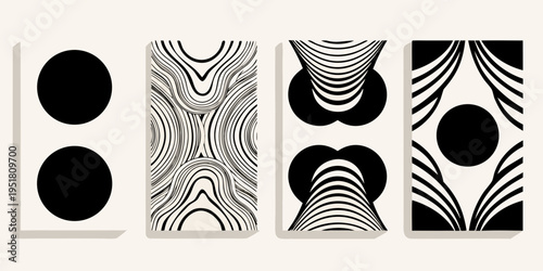 Abstract geometric patterns featuring curved lines and black oval shapes