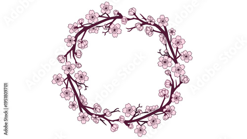 Beautiful circular frame composed of delicate pink cherry blossom branches, creating an elegant and natural border for various designs.