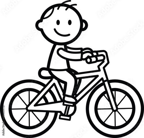 A cartoon boy riding a bicycle with a smile
