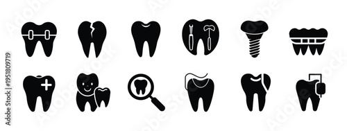 Dental care and dentistry treatment silhouette icon set featuring tooth health and stomatology symbols for oral hygiene vector illustration or editable stroke