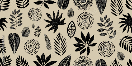 Black and beige botanical pattern featuring various stylized leaf designs
